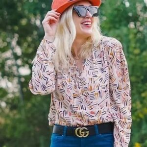 CABI Marni Blouse  Abstract Design Front Crossover Long Sleeve Women’s Size L